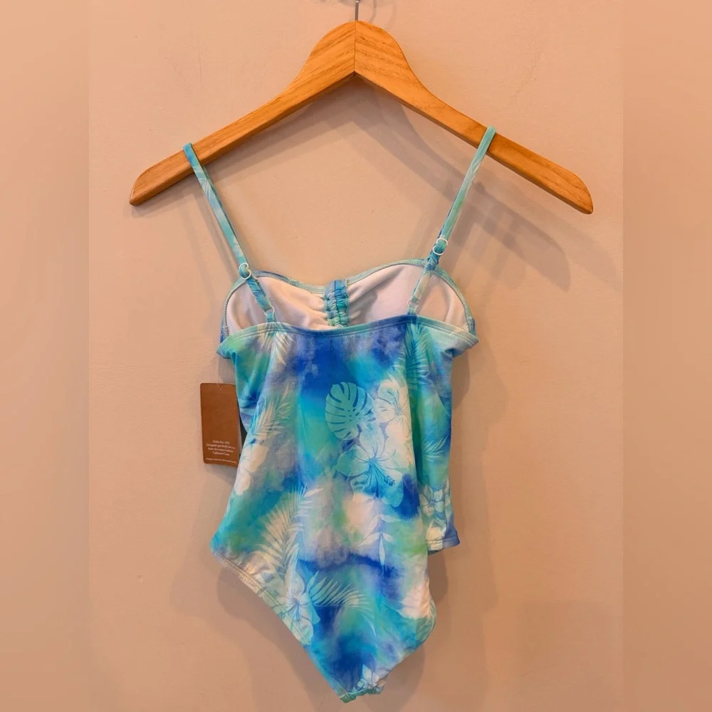 Hobie Girls One Piece‎ Swimsuit Blue Green Floral Cutout Adjustable Size 12 NWT